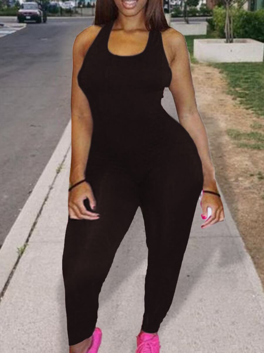 Sportswear U Neck Skinny Black One-piece Jumpsuit