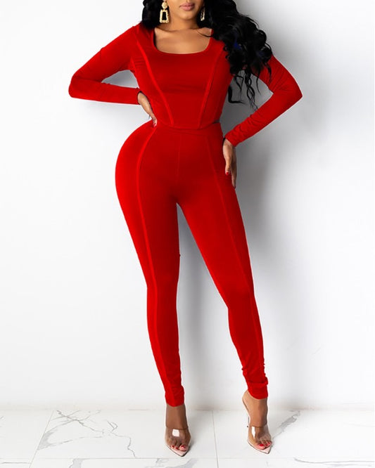 U-Neck Long Sleeve Top & High Waist Pants Set Red